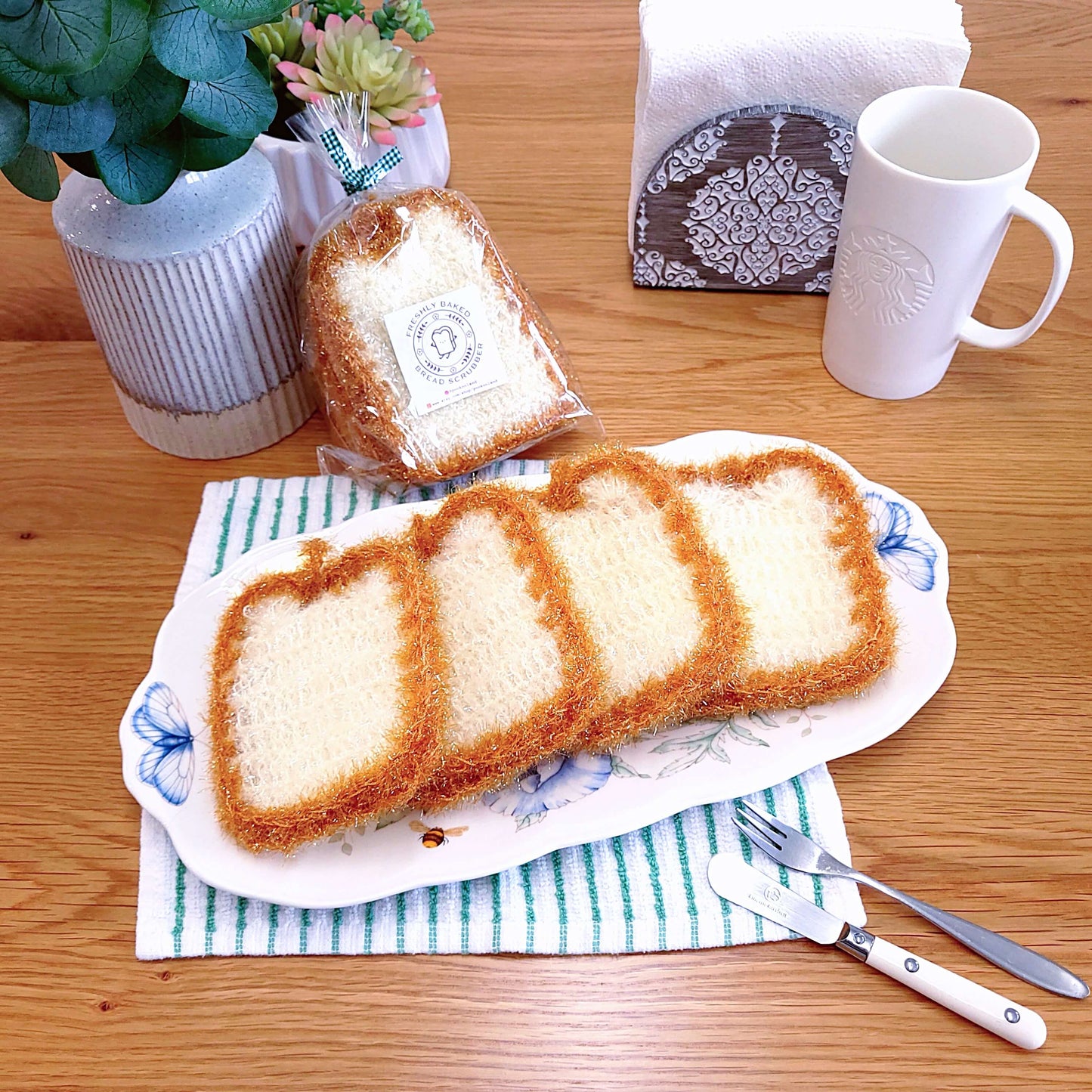 POOKOOLAND 100% Handmade Sliced Toast Bread Shaped Crochet Dish Scrubber (Set of 4)