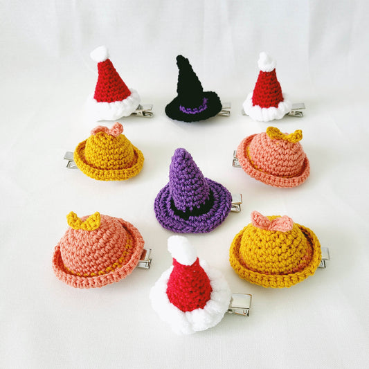 POOKOOLAND Cute handmade crocheted hat hairpins, hairclips - Picnic Hats, Witch Hats, Santa Hats