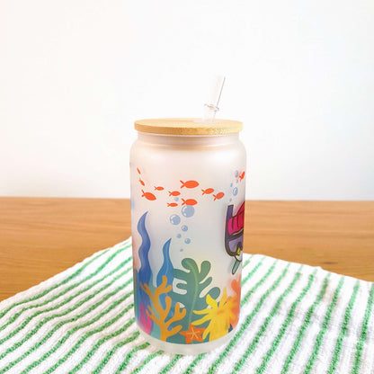 POOKOOLAND Frosted Glass Can with Bamboo Lid and Clear Straw (16oz) - SNORKELING PIBI